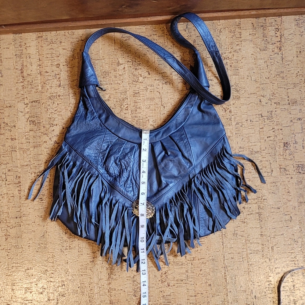 Vintage Blue Leather Fringe Shoulder Bag - Picture 13 of 14